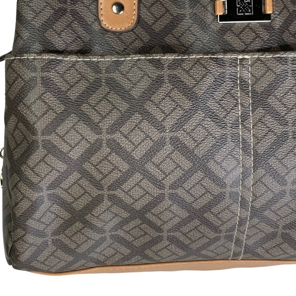 Big Buddha 2 Tone Brown Logo Pattern 3 Large Compartment Top Zip Satchel Handbag - Picture 12 of 16